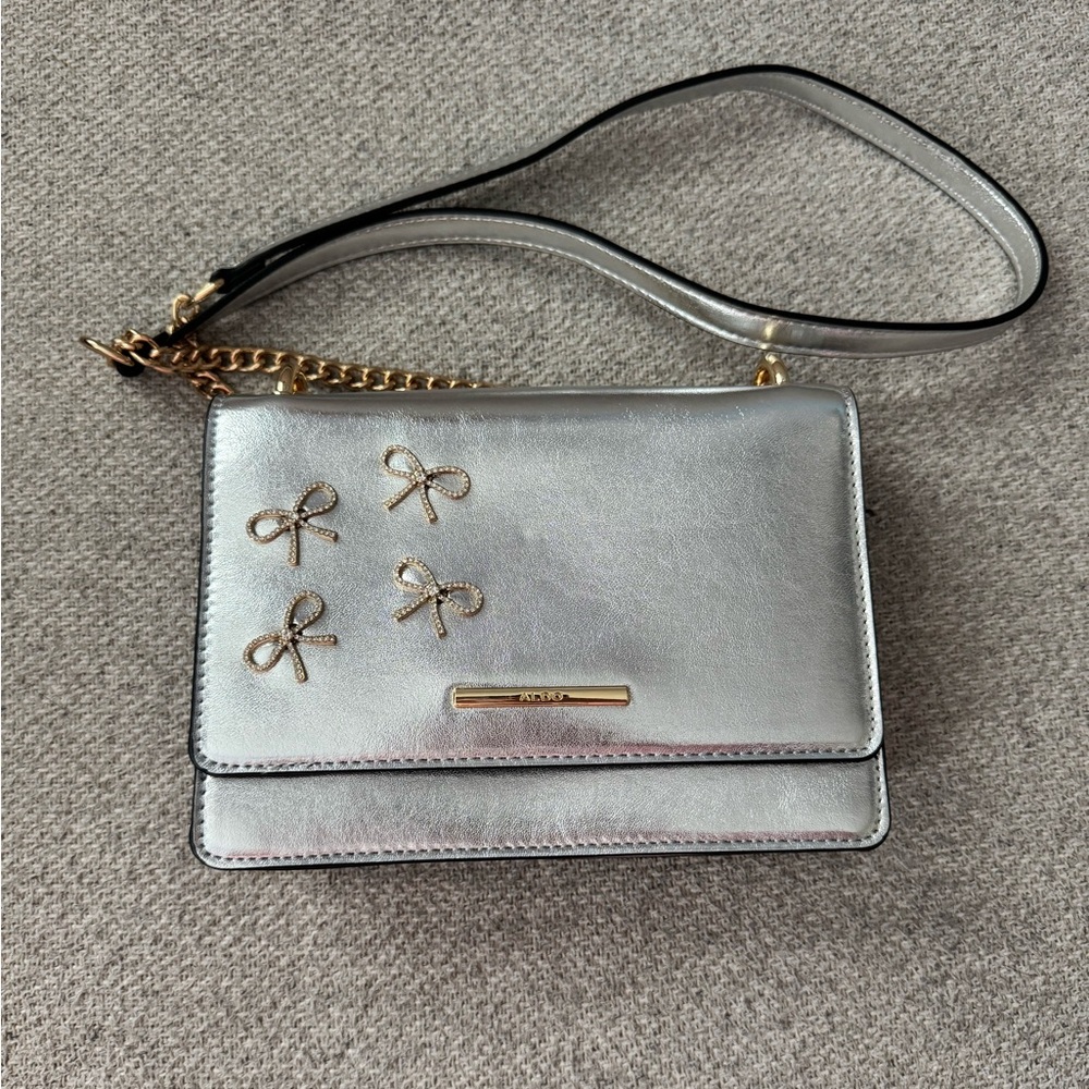 ALDO Silver Metallic Bow Crossbody Bag Evening Party Wedding Shoulder Purse